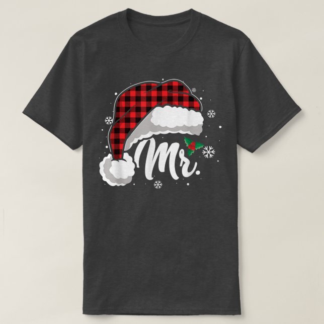 Mrs And Mr Santa Hat Buffalo Plaid Christmas Coupl T-Shirt (Design Front)