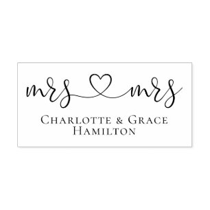 Mrs And Mrs Elegant Scroll Heart Text Gay Wedding Rubber Stamp