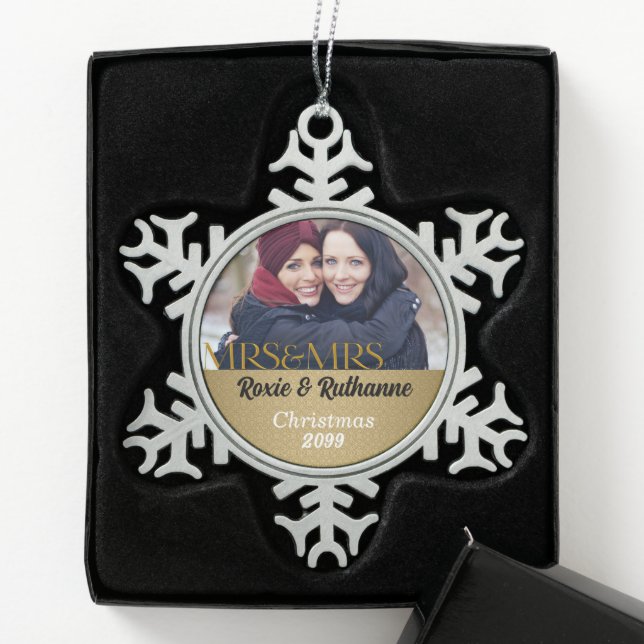 Mrs and Mrs Lesbian Christmas in Gold Snowflake Pewter Christmas Ornament (Box)