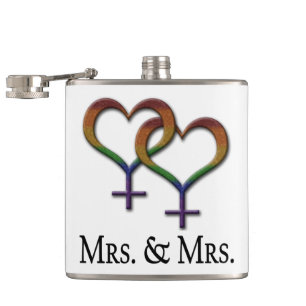 Mrs. and Mrs. Lesbian Pride Rainbow Symbols Hip Flask