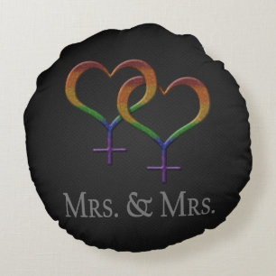 Mrs. and Mrs. Lesbian Pride Rainbow Symbols Round Cushion