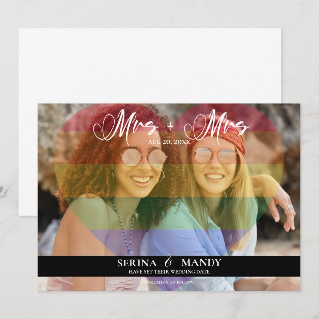 Mrs and Mrs LGBTQ Transparent Heart Photo Overlay Save The Date (Front/Back)