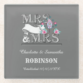Mrs and Mrs Personalised Lesbian Wedding Gift Glass Coaster