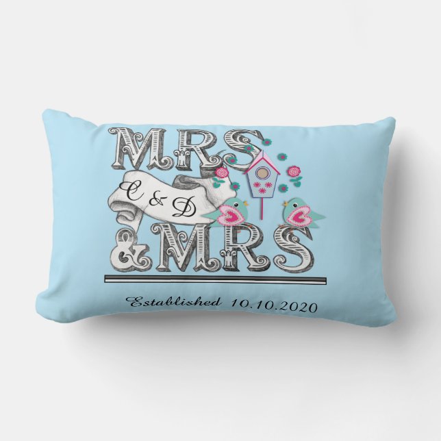 Mrs and Mrs Personalised Lesbian Wedding Gift Lumbar Cushion (Front)