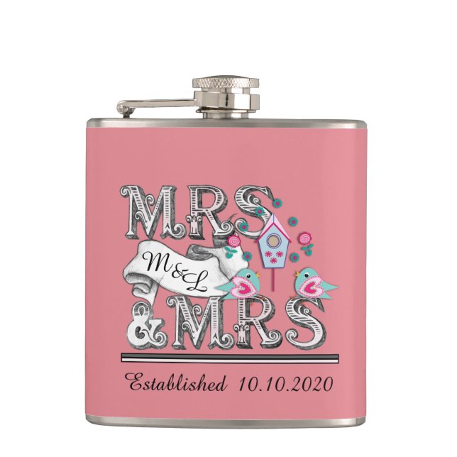 Mrs and Mrs Personalised Lesbian Wedding Gifts Hip Flask (Front)