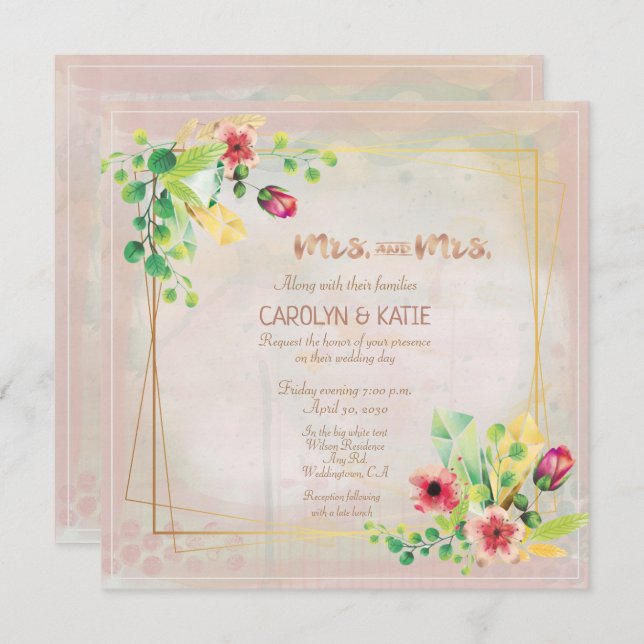 Mrs. and Mrs. Spring Watercolors Gold Geometric  (Front/Back)