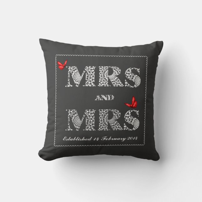 Mrs and Mrs White Lace  Word Art  Red Butterflies Cushion (Front)