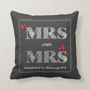 Mrs and Mrs White Lace  Word Art  Red Butterflies Cushion