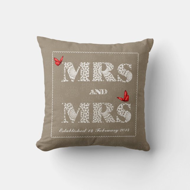 Mrs and Mrs White Lace  Word Art  Red Butterflies Cushion (Front)