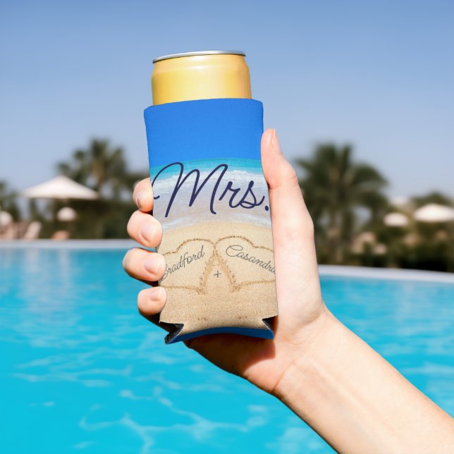 Mrs. Beach Wedding Hearts in Sand  Can Cooler (In Situ Pool)