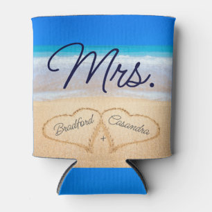 Mrs. Beach Wedding Hearts in Sand  Can Cooler