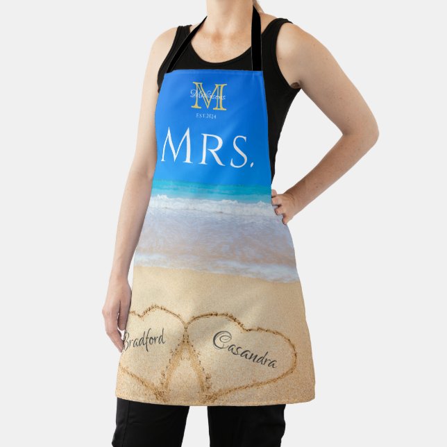 Mrs. Beach Wedding Hearts in Sand Family Monogram  Apron (Insitu)