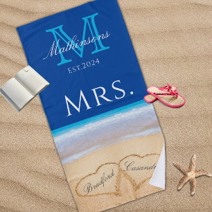 Mrs. Beach Wedding Hearts in Sand Family Monogram  Beach Towel