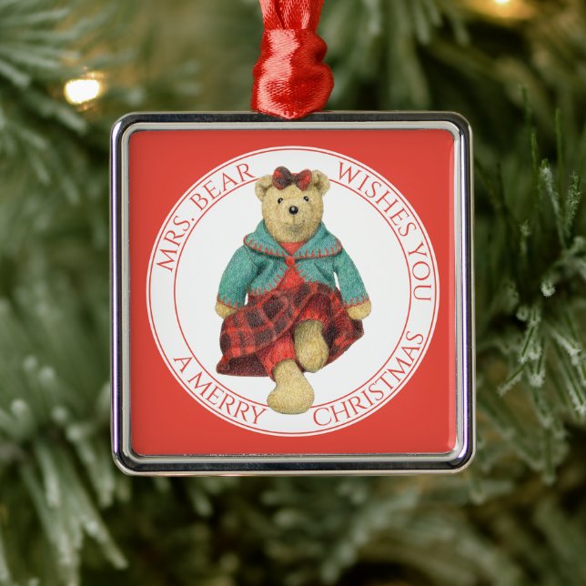 MRS. BEAR Premium Square Ornament + Text (Tree)