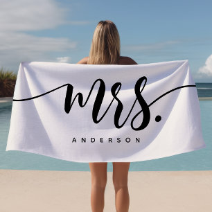 Mrs Black And White Newlywed Bride Personalised Beach Towel