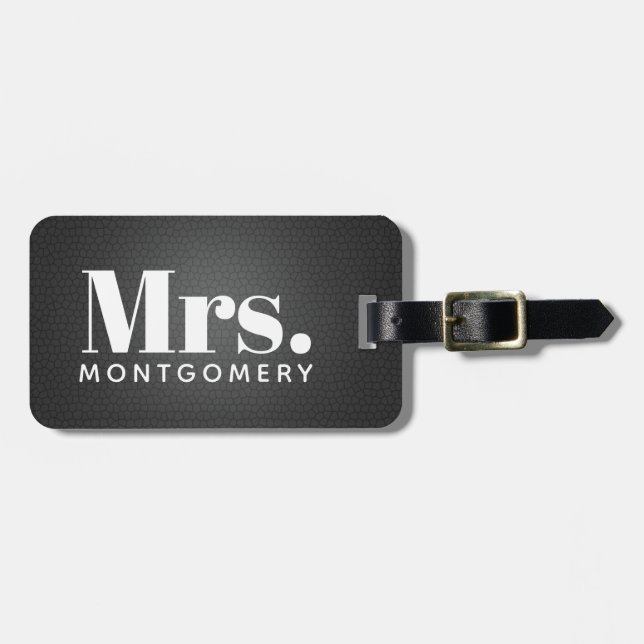Mrs. Black Leather Script Monogrammed Name Luggage Tag (Front Horizontal)