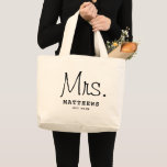 Mrs Black Modern Script Custom Wedding Newlywed    Large Tote Bag<br><div class="desc">Modern and casual chic black calligraphy script "Mrs." women's wedding tote bag features custom text that can be personalised with the bride's new married last name and wedding date. Perfect accessory for the honeymoon and beyond!</div>