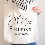 Mrs Black Modern Script Custom Wedding Newlywed Tote Bag<br><div class="desc">Modern and casual chic black calligraphy script "Mrs." women's wedding tote bag features custom text that can be personalised with the bride's new married last name and wedding date / date established. Perfect accessory for the honeymoon and beyond!</div>