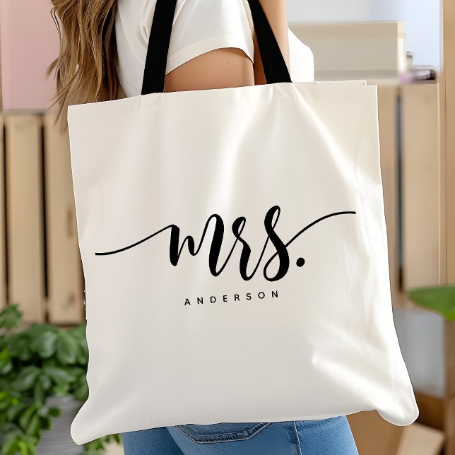 Mrs Black White Newlywed Bride Script Personalised Tote Bag (Creator Uploaded)