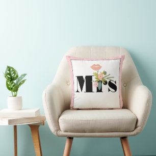Mrs Bride Peachy Pink Lips Flora and Fauna Pillow