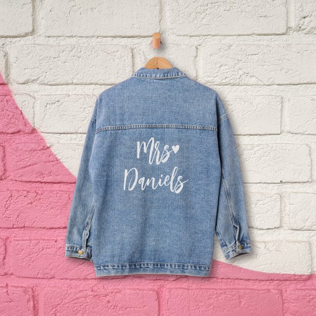 Mrs brides name white typography and heart wedding denim jacket (Creator Uploaded)