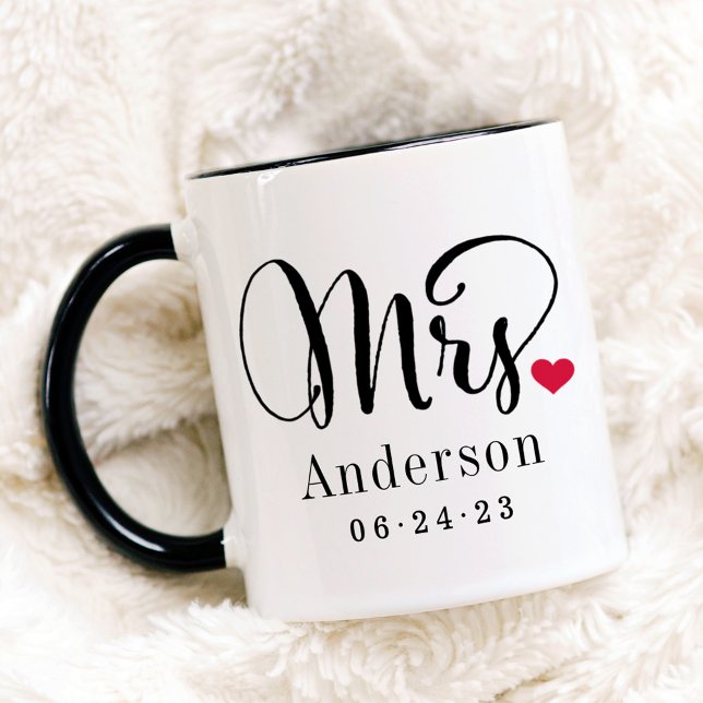 Mrs Calligraphy Heart Black Wedding Date Mug (Creator Uploaded)