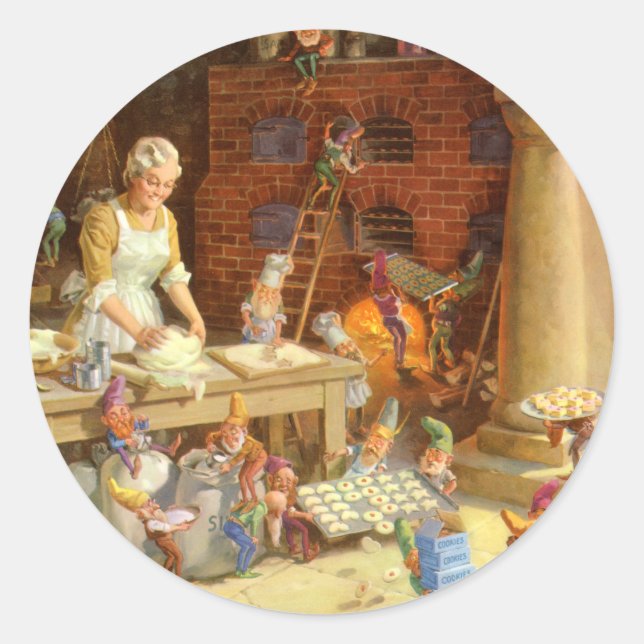 Mrs. Claus Bakes Cookies with Santa's Elves! Classic Round Sticker (Front)