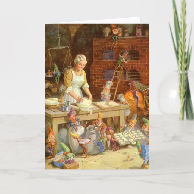 Mrs. Claus Bakes Cookies with Santa's Elves Holiday Card (Front)