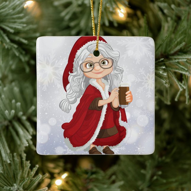 Mrs. Claus  Ceramic Ornament (She has long wavy gray hair and large glasses, holding a drink in hand!)