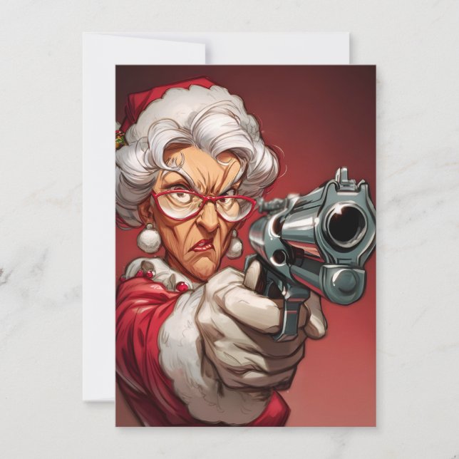 Mrs Claus has a Gun Funny Christmas Cards (Front)