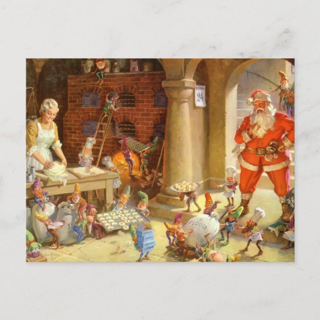 Mrs. Claus & Santas Elves baking Christmas Cookies Holiday Postcard (Front)