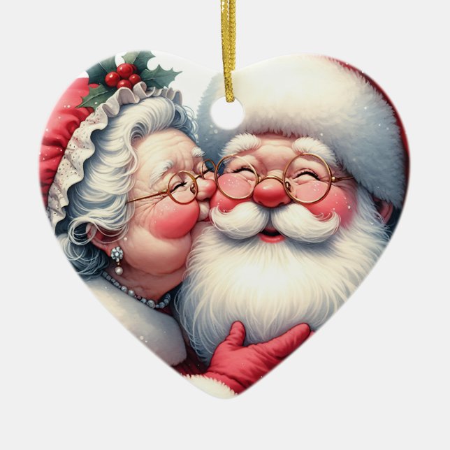 Mrs Clause Kissing Santa Personalised Christmas Ceramic Ornament (Front)
