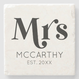 Mrs. Custom Last Name Est. Date Minimal Retro Stone Coaster