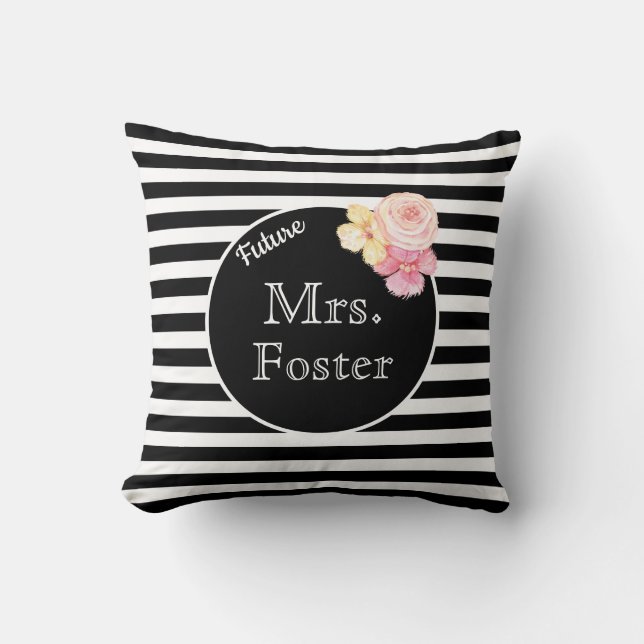 Mrs. Custom Last Name with Black & White Stripes Cushion (Front)