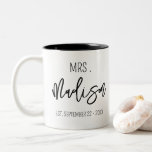 MRS Custom Name Wedding Date Personalised Wedding Two-Tone Coffee Mug<br><div class="desc">Modern calligraphy script in black for "Mrs" and your custom text for name and wedding date. Get ready for your new life as a wife Buy one for yourself or as a great gift for a newlywed bride!</div>