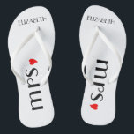 Mrs. Flip Flops | Brides Wedding<br><div class="desc">A cute addition to your beach or poolside wedding! White flip flops with the word "Mrs.",  a red heart and the brides name are personalised. To see matching groom's flip flops- Please visit my store "The Hungarican Princess" at www.zazzle.com/hungaricanprincess*. Look in my "Flip Flops" department category. Congratulations!</div>