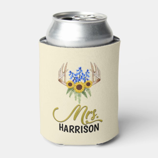 Mrs Last Name Rustic Floral Antlers Wedding Can Cooler (Can Front)