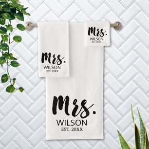 Mrs Modern Brush Font Wedding Anniversary Couple Bath Towel Set