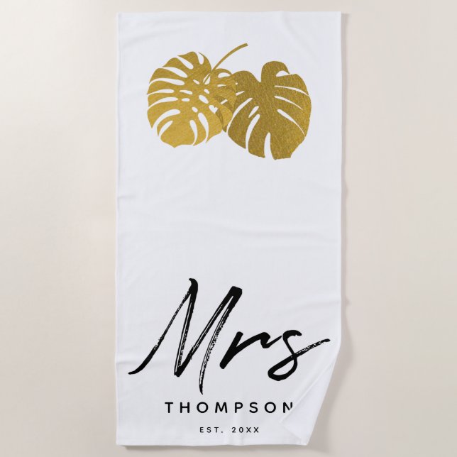 Mrs. Modern Gold Monstera Tropical Leaves Script Beach Towel (Front)