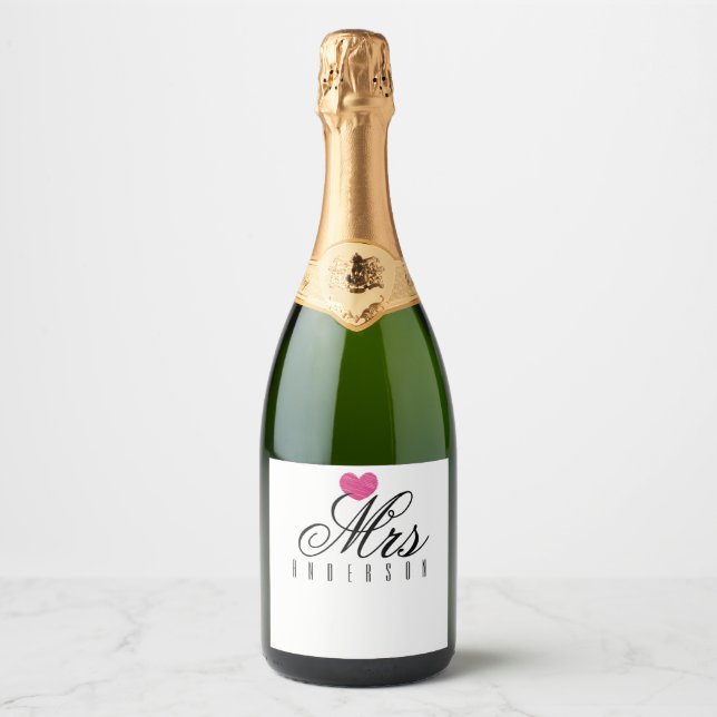 Mrs Modern Script Custom Wedding Sparkling Wine Label (Front)