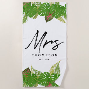 Mrs. Modern Tropical Leaves Minimalist Script   Beach Towel