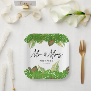 Mrs. Modern Tropical Leaves Script Wedding Paper Plate