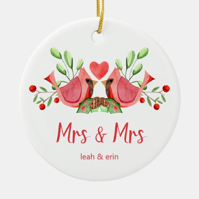 Mrs & Mrs Cardinal Lovebirds Personalized Ceramic Ornament (Front)