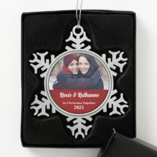 Mrs. & Mrs. Lesbian 1st Christmas Red Photo Snowflake Pewter Christmas Ornament