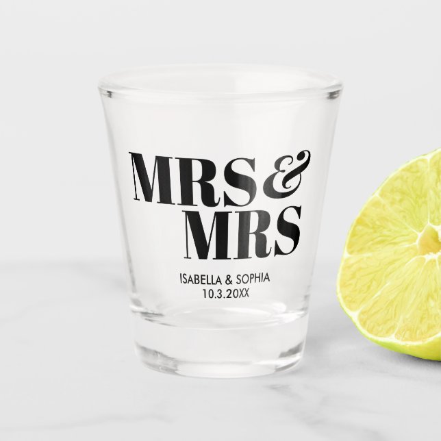 Mrs & Mrs Personalised Wedding Shot Glass Favours (Front)