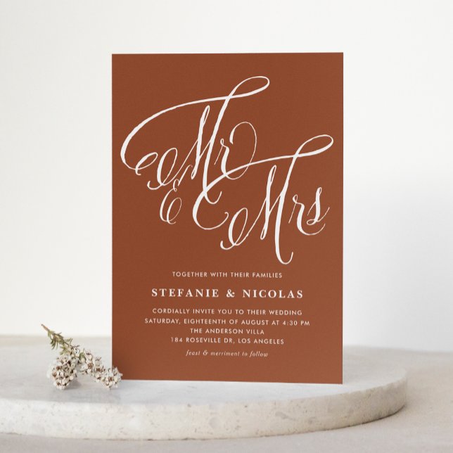 Mrs & Mrs Rustic Script Terracotta QR Code Wedding Invitation (Mrs and Mrs Rustic Script Terracotta QR Code Wedding Invitation)