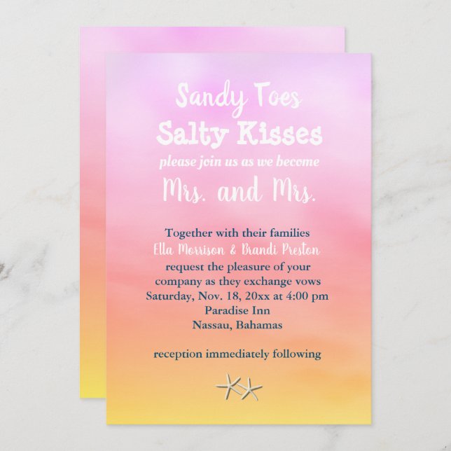Mrs. & Mrs. Sandy Toes Wedding Invite sunset (Front/Back)