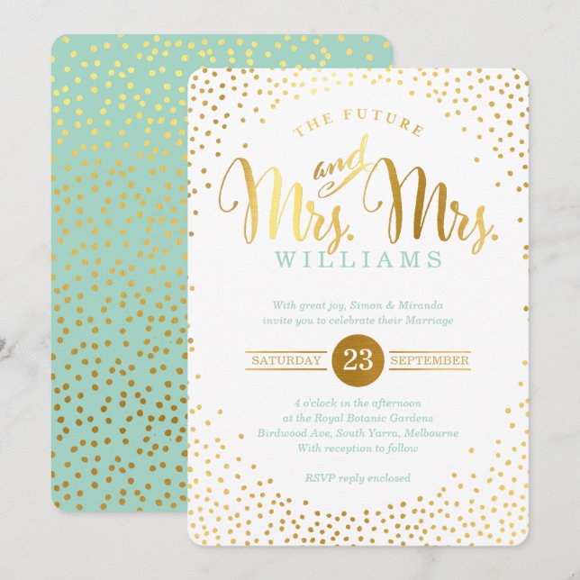 MRS & MRS STYLISH GLAM WEDDING gold confetti mint Invitation (Front/Back)