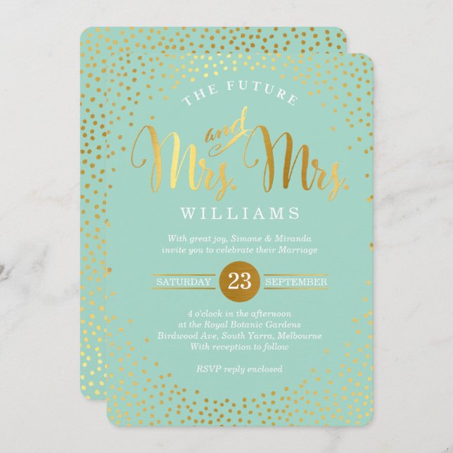 MRS & MRS STYLISH WEDDING gold confetti mint Invitation (Front/Back)