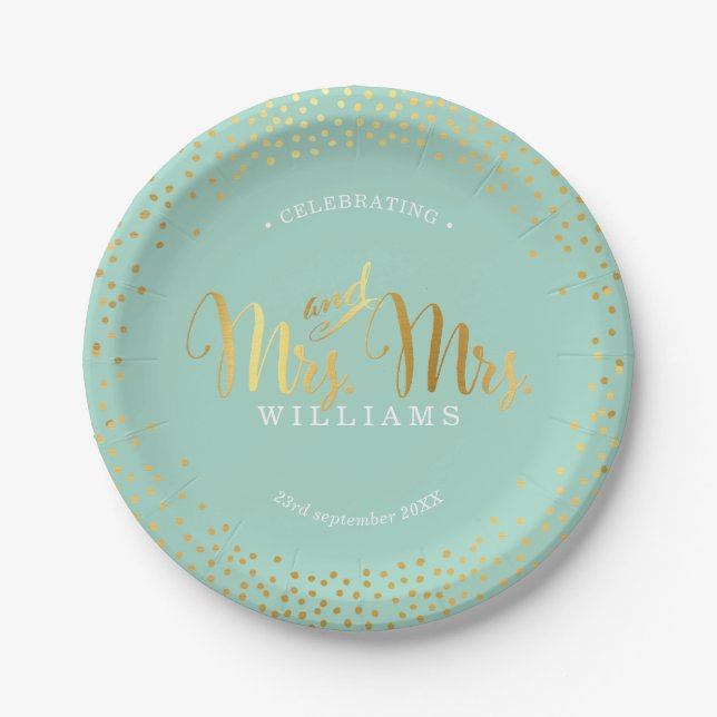 MRS & MRS STYLISH WEDDING TABLE confetti gold mint Paper Plate (Front)